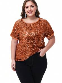 Women's Sequin Tops Plus Size Round Neck Sparkle Glitter Short Sleeve Party Tunic Blouse - trái cam - Xem 3