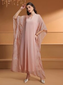 女士 V 领拼接刺绣亮片优雅阿拉伯风格连衣裙 - 粉色 - 查看 3