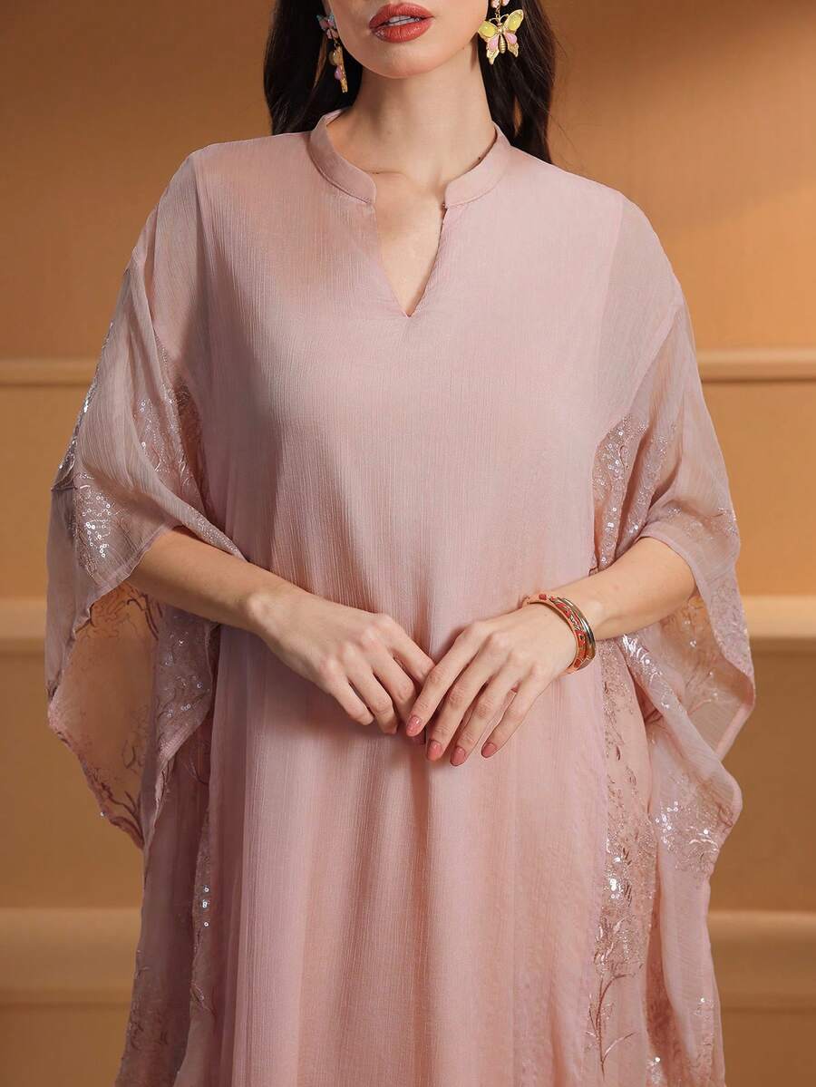 女士 V 领拼接刺绣亮片优雅阿拉伯风格连衣裙 - 粉色 - 查看 1