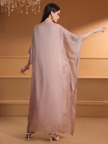 女士 V 领拼接刺绣亮片优雅阿拉伯风格连衣裙 - 粉色 - 查看 2