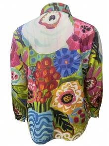 Camisa Casual de Manga Longa Confortável com Estampa Floral Vintage Adorável para Mulheres Plus Size, Roupas Femininas de Volta às Aulas no Outono