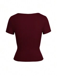 Women's Summer Solid Knitted Square Neck Sexy Slim Fit Y2K Cropped Waist T-Shirt - 酒紅色 - 查看 4