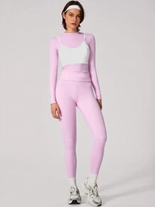 Conjunto de Top deportiva y pantalones de un solo color simple para mujer, ideal para yoga y uso diario