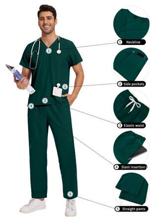 Set Divisa Uomo Camici Sanitari, Uniforme da lavoro per laboratorio, Set da lavoro per medici, infermieri e farmacisti di clinica dentistica, ospedale e farmacia, Top a scollo a V alla moda