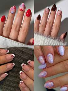 96 Peças/Caixa (4 Modelos Mistos) Unhas Postiças Curtas Ovais com Laço, Design de Unhas em Formato de Coração, Unhas Francesas Adesivas de Ajuste Perfeito, Inclui: 1 Peça de Cola de Gelatina e 1 Lixa de Unha, Unhas Francesas para Uso Diário de Mulheres e Meninas, Suprimentos de Unhas para Festas Rave