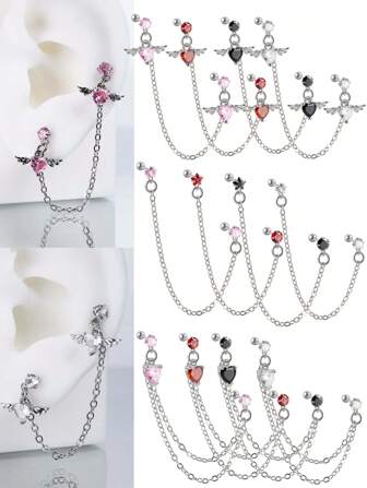 1PC Angel Heart Zirconia Dangle Tragus Helix Piercing Double Lobe Chain Ear Stud Stainless Steel Tassel Earrings Fashion Women Jewelry