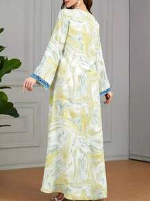 Women's Print Patchwork V-Neck Long Sleeve Minimalist Long Dress
