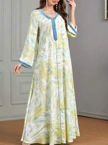 Women's Print Patchwork V-Neck Long Sleeve Minimalist Long Dress