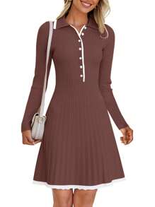 tooluck Old Money Style Skinny Knit Midi Dress, Golf Sport Wear, Solid Color Button Design Pleated Hem, Woman's Clothing - 巧克力棕 - 查看 1