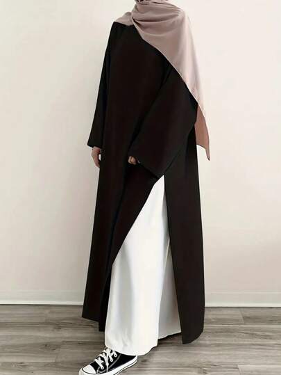 Abito modesto con scollo a equipaggio, colore tinta unita, con spacchi, elegante vestito lungo con maniche lunghe e lunghezza maxi, abbigliamento da donna