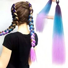 Rabo de cavalo reto sintético com elástico para cabelo, tranças coloridas, extensões de cabelo, acessórios para mulheres, festa de ano novo, extensões de rabo de cavalo trançadas azuis e rosa, festival rave, extensões de cabelo coloridas para tranças