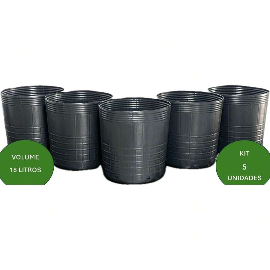 KIT COM 5 UNIDADES VASO PARA MUDA 18 LITROS  Plantas Flores Hortaliças Jardins Preto Pote Plastico