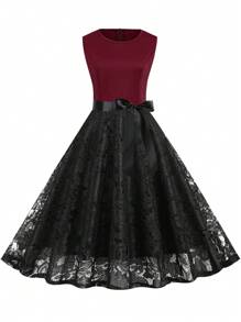 Retro Contrast Lace Sleeveless Elegant Cocktail Dress
