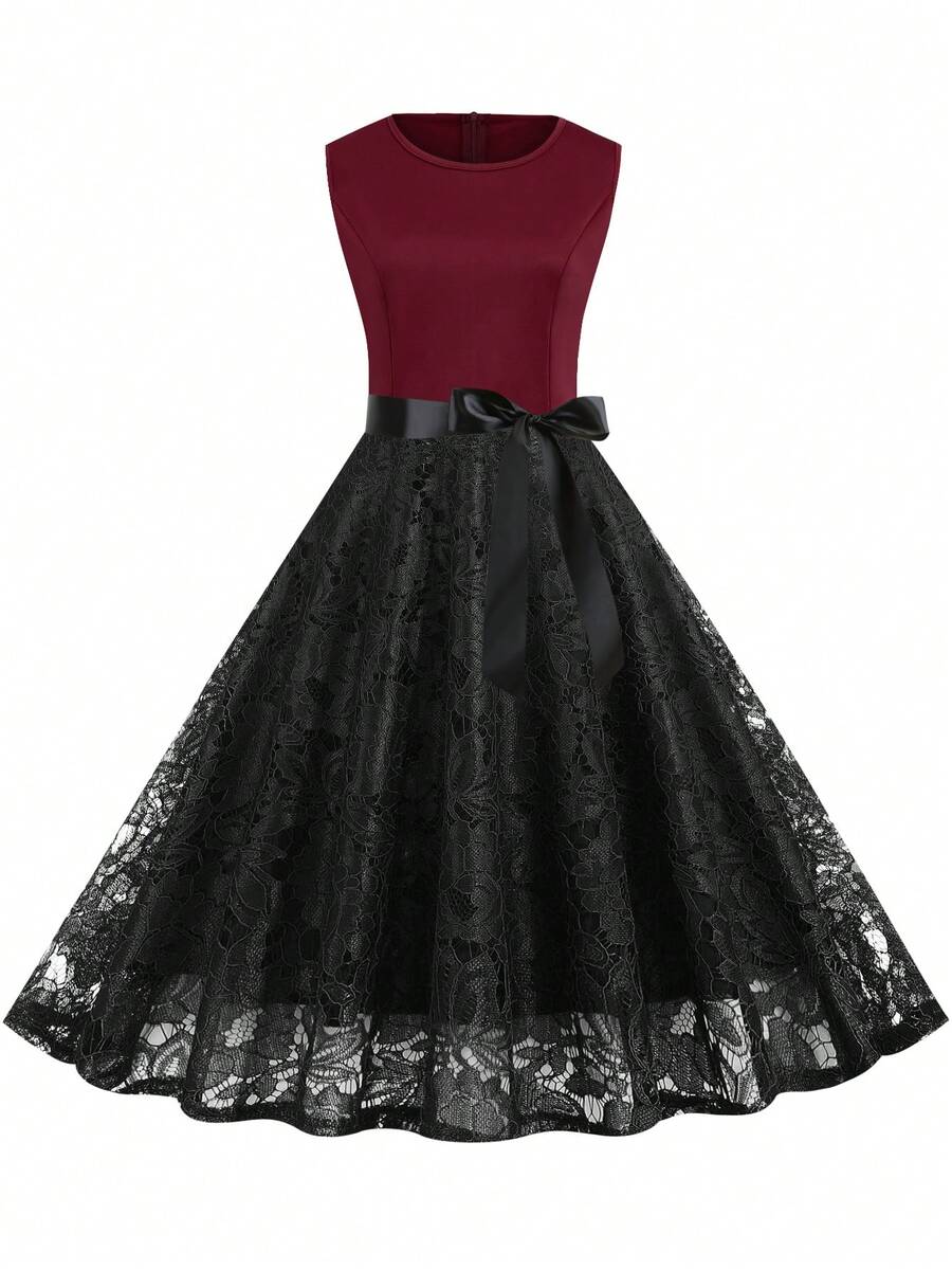 Retro Contrast Lace Sleeveless Elegant Cocktail Dress