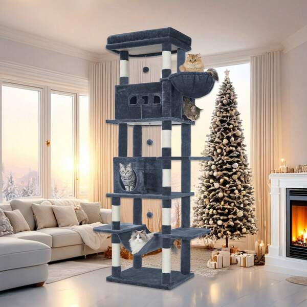 82.7" Cat Tree, Large Cat Tower For Indoor Cats, Condo With Perch, Cat House Furniture With 2 Caves, 8 Scratching Posts, Hammock, Pompoms, Washable Cushion, Dark Gray