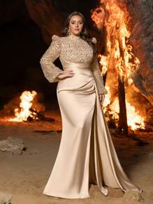 Faeriesty 加大立领灯笼袖亮片紧身胸衣美人鱼下摆晚礼服、婚礼宾客礼服、派对礼服、正式礼服、长袍 - 香檳色 - 查看 8