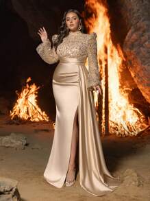 Faeriesty 加大立领灯笼袖亮片紧身胸衣美人鱼下摆晚礼服、婚礼宾客礼服、派对礼服、正式礼服、长袍 - 香檳色 - 查看 7