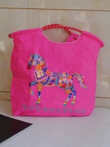 Nueva bolsa plegable de gran capacidad de nailon con patrón bordado de flores y caballos, de moda y casual - Multicolor - Ver 18