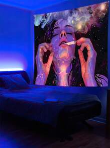 黑光挂毯 UV 反应挂毯 Vibe 挂毯 美学壁挂毯 卧室壁挂 - 米色 - 查看 5