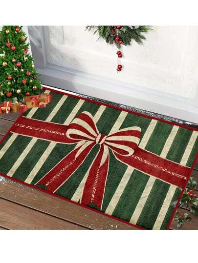 Tapete de Natal com decoração de laço, estampa listrada verde e branca (1 peça), ideal para entrada, como tapete pequeno, capacho, tapete de boas-vindas, tapete para área externa, tapete de cozinha, decoração de casa, tapete para porta de entrada, tapete pequeno para área externa, tapete para jardim, tapete lavável.
