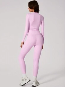 Conjunto de Top deportiva y pantalones de un solo color simple para mujer, ideal para yoga y uso diario