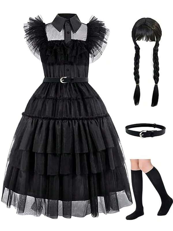 Conjunto de vestido de princesa para meninas com cinto, peruca e meias, fantasia de personagem de TV de chiffon para Halloween, Natal, festa de festival, aniversário, roupas infantis