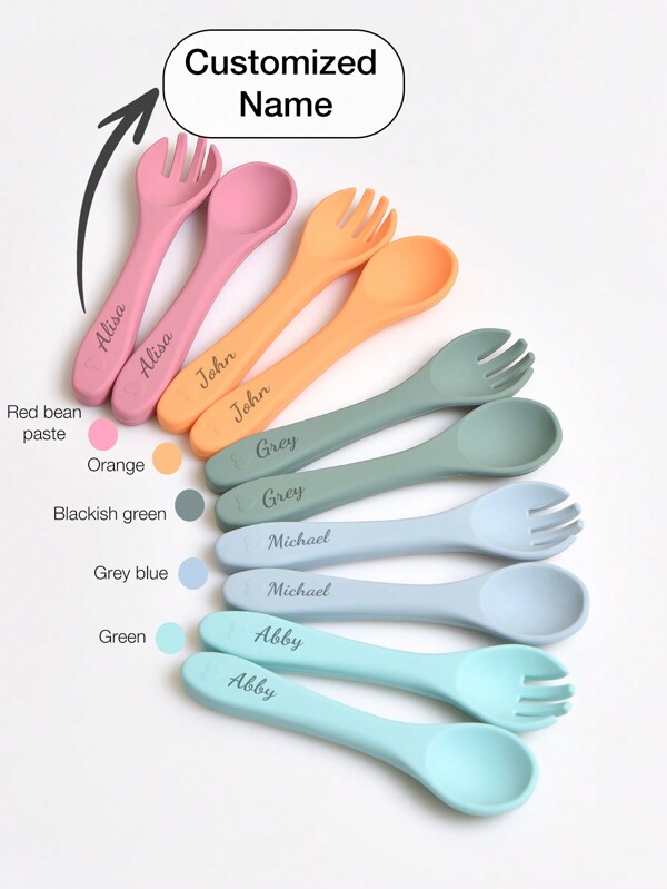 1 Pair Customized Silicone Fork & Spoon Set, Soft, Durable, Easy To Clean, Baby Feeding Supplies, Suitable For All Seasons