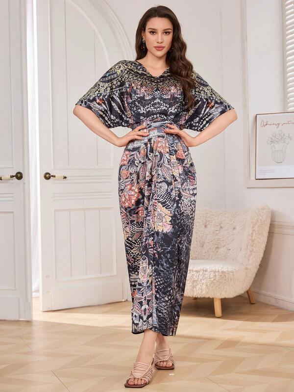 Damen V-Ausschnitt Bindegürtel Urlaubskleid mit exotischem Muster