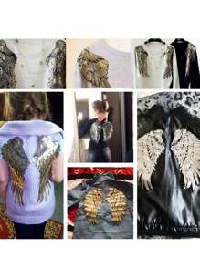 1 对翅膀刺绣领口贴花补丁，蕾丝花刺绣补丁黑白蕾丝贴花天使贴花缝制补丁用于服装缝制婚礼新娘礼服鞋装饰