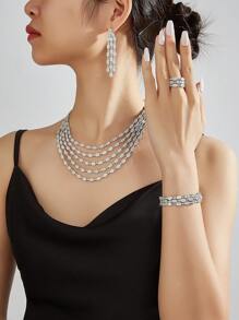 4pcs Fashionable Cubic Zirconia Luxurious Wedding & Evening Five Layered Necklace, Earrings, Bracelet, Open Ring For Women's Daily Wear - Set - View 2