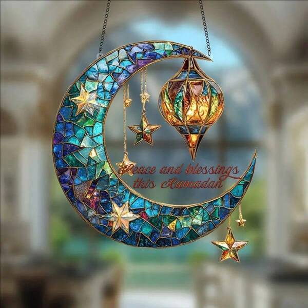 8"X8.7" Apanhador de luz solar em forma de lua crescente de acrílico de dupla face com bênção, decoração para exterior e parede, ornamento vibrante para pendurar na primavera, ótimo presente para mulheres e feriados