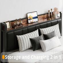 TBFUINPMPSDO King Bed Frame With 4 Storage Drawers, Platform Bed With Charged Headboard, Sturdy And Stable, No Noise, No Box Spring Needed, Easy To Install, Vintage Brown And Gray - Nâu và đen cổ điển - Xem 4