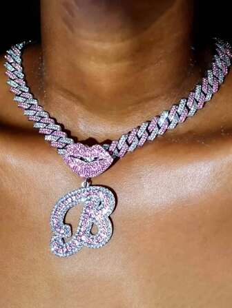 Silvery Pink Ladies Necklace A-Z Initials Hip Hop Classic Lips Lucky Surname Letter Pendant Cuban Chain Punk Party Festive Wear Men's Women's Fashion Jewelry For Lovers Wife Husband Girlfriend Valentine's Day Gift