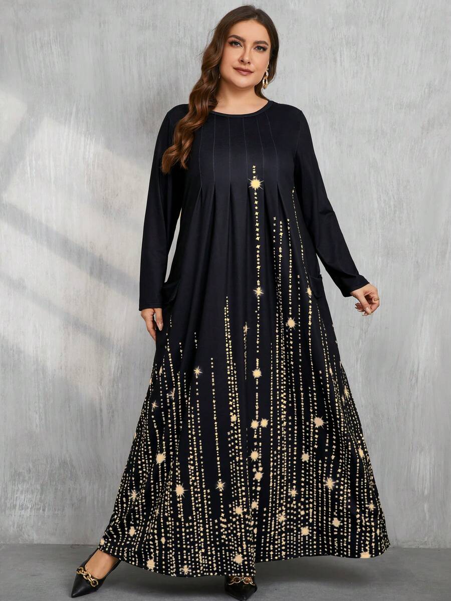 DEARCASE Plus Size Printed Pocket Long Sleeve Dress - Gold - View 1