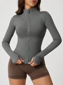Chaqueta deportiva de manga larga con cremallera y ojal para el pulgar, de unicolor, para mujer