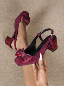 Elegante pumps met hoge hak en strikversiering voor dames, bordeauxrode fluwelen schoenen met vierkante neus en dikke hak, geschikt voor bruiloften en alle seizoenen