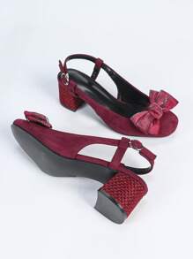 Elegante pumps met hoge hak en strikversiering voor dames, bordeauxrode fluwelen schoenen met vierkante neus en dikke hak, geschikt voor bruiloften en alle seizoenen
