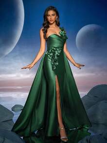 Anymoon 优雅 3D 手工花卉长款晚礼服，适合正式场合、派对礼服、婚礼宾客礼服