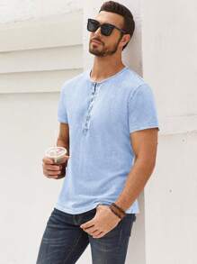 Runcati RefinAtti Mens Distressed Henley Shirts Retro Short Sleeve Tee Shirts Casual Button Down Washed T-Shirts For Men