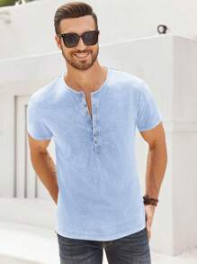 Runcati RefinAtti Mens Distressed Henley Shirts Retro Short Sleeve Tee Shirts Casual Button Down Washed T-Shirts For Men