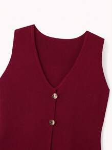 FOR BEAUTY 春夏新品 V领无袖纽扣针织开衫新年上衣修身简约气质优雅都市摩登女装酒红色毛衣背心 - 酒紅色 - 查看 8