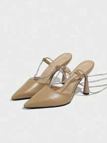 Escarpins à talon haut avec nœud orné de diamants, chaussures de demoiselle d'honneur creuses pour soirée, élégantes et féminines, polyvalentes pour toutes les saisons - Kaki - Voir 7