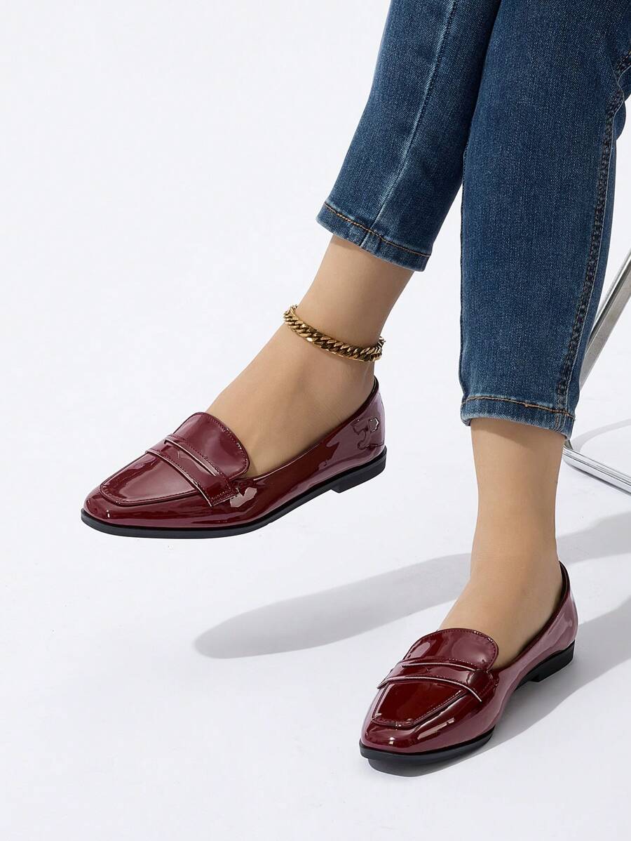 女士平底方头乐福鞋，休闲轻便一脚蹬平底鞋 - 酒紅色 - 查看 1