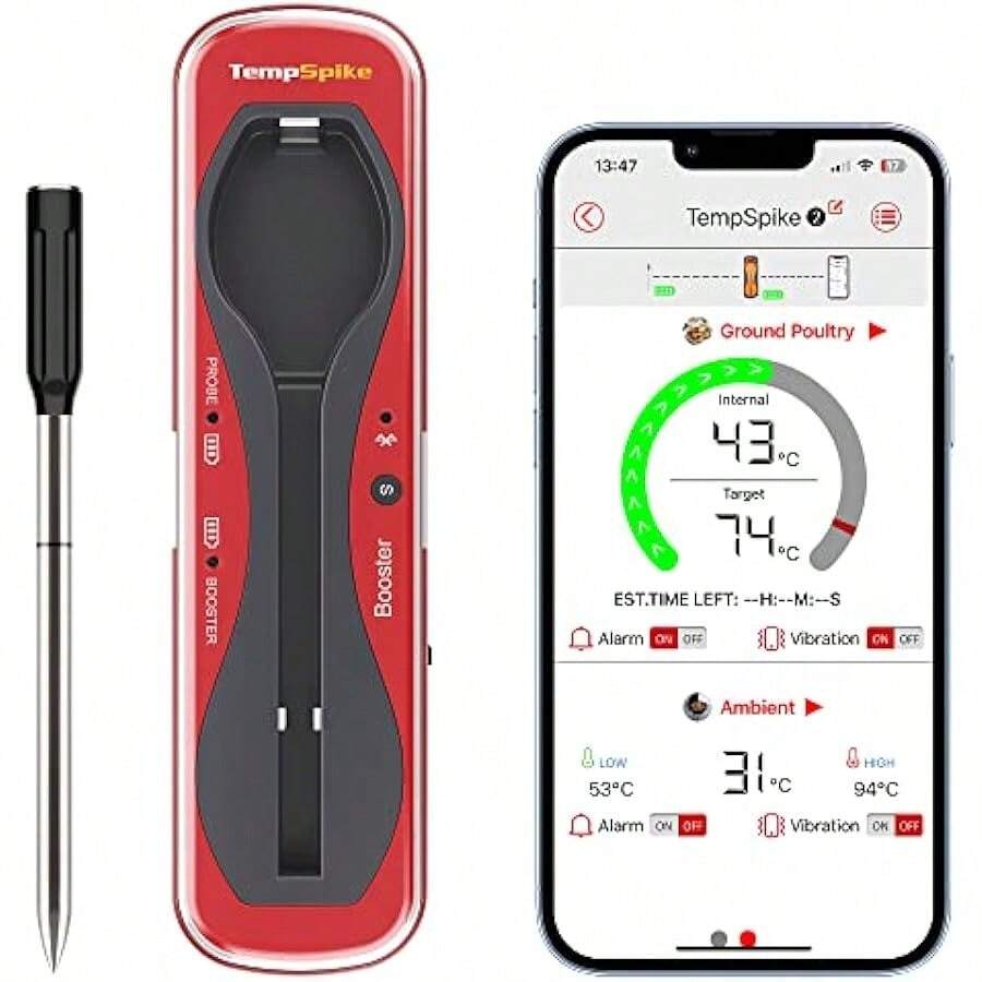 Truly Wireless Meat Thermometer TempSpike Remote Range Up To 150M Bluetooth Thermometer Wire- Probe Sous Vide Air Fryers Cooking - Red+Black1 - View 1