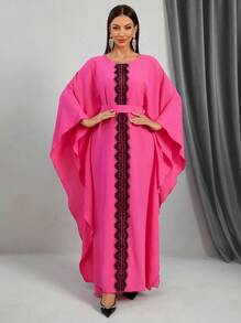 Women Elegant Contrast Color Lace Batwing Sleeve Extra Long Dress