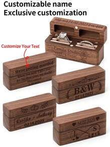 1 pieza Caja de madera grabada con "Sr y Sra" - Elegante portaanillos de compromiso/boda cuadrado negro, regalo creativo para aniversario/cumpleaños/Día de San Valentín, vuelta al colegio - Nogal (forrado de arpillera) - Ver 12