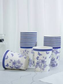 10pcs/25pcs中国风青花瓷主题/青花瓷蝴蝶一次性纸杯，9盎司/250毫升纸杯，一次性饮料杯，生日派对一次性咖啡杯，适用于各种派对、婚礼、家庭、办公室，饮料杯、冷饮杯、热茶杯、咖啡杯、餐饮杯、生日派对用品及配件 - 彩色 - 查看 1