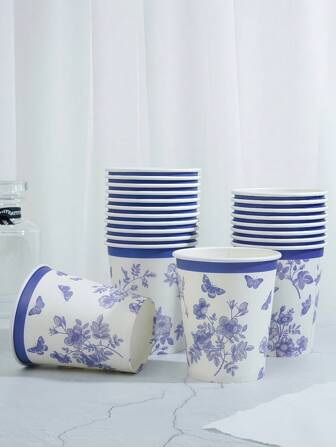 10pcs/25pcs中国风青花瓷主题/青花瓷蝴蝶一次性纸杯，9盎司/250毫升纸杯，一次性饮料杯，生日派对一次性咖啡杯，适用于各种派对、婚礼、家庭、办公室，饮料杯、冷饮杯、热茶杯、咖啡杯、餐饮杯、生日派对用品及配件