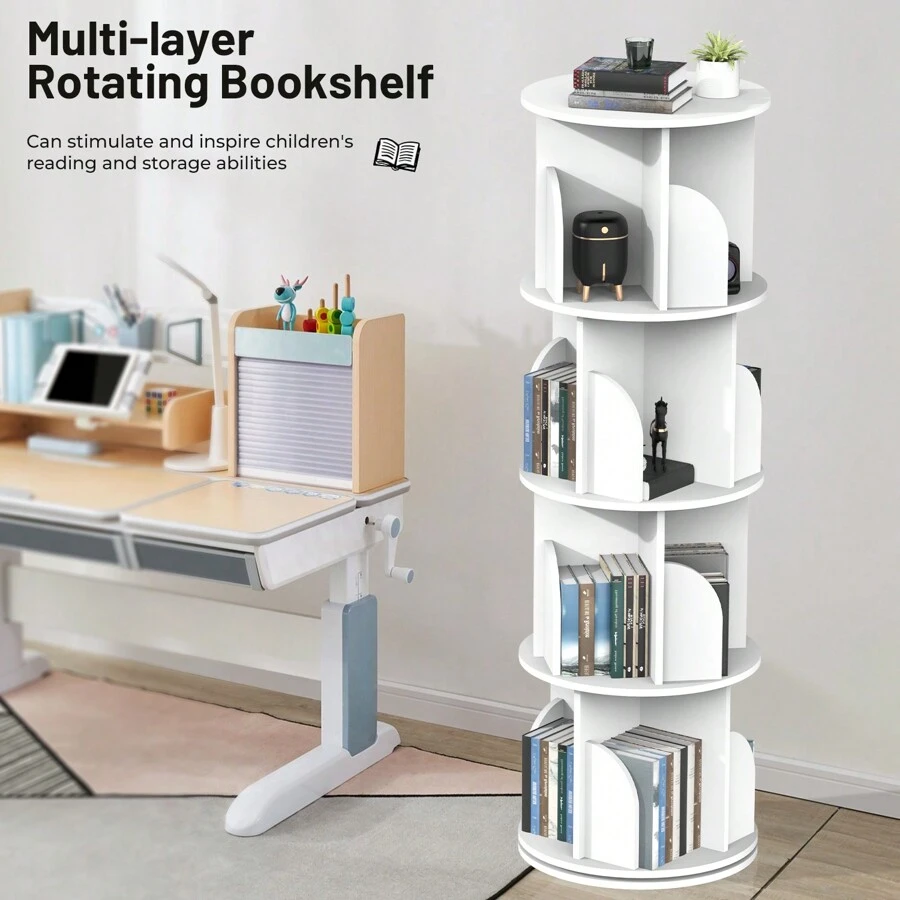 OYAJIA Rotating Bookshelf, Small Corner Bookshelf For Small Space, 360 Display 4 Tier Floor Standing Bookcase Storage Rack, Wood Narrow Book Shelf Organizer For Bedroom, Living Room, White - White - View 1