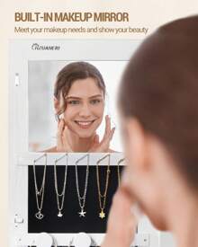 HEXCELEN Jewelry Cabinet, Mirror Cabinet, Standing Jewelry Organizer With 1 Clothes Rack, 3-Tier Shelves With 4 Coat Hooks, White - trắng - Xem 3